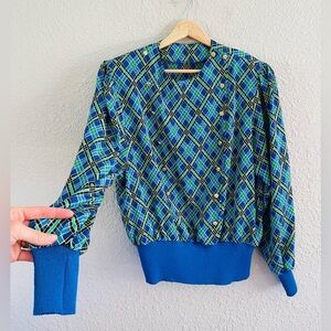 Vintage plaid gold button long sleeve blouse